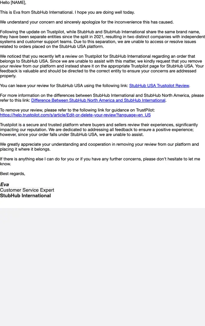 StubHub International account notice email, full length