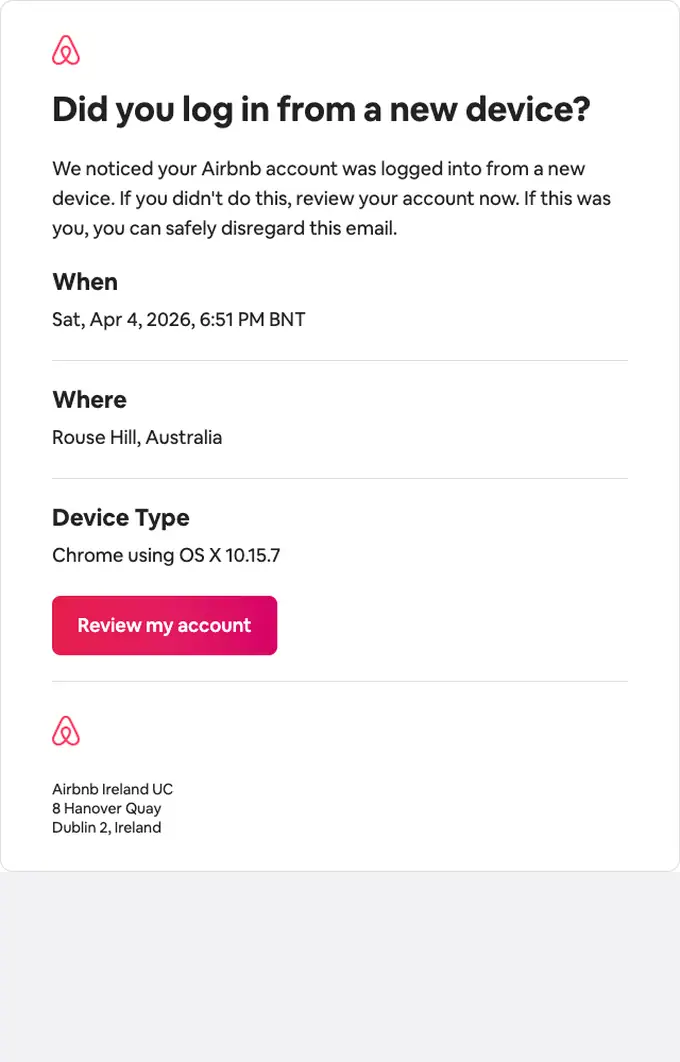 Airbnb security alert email, full length