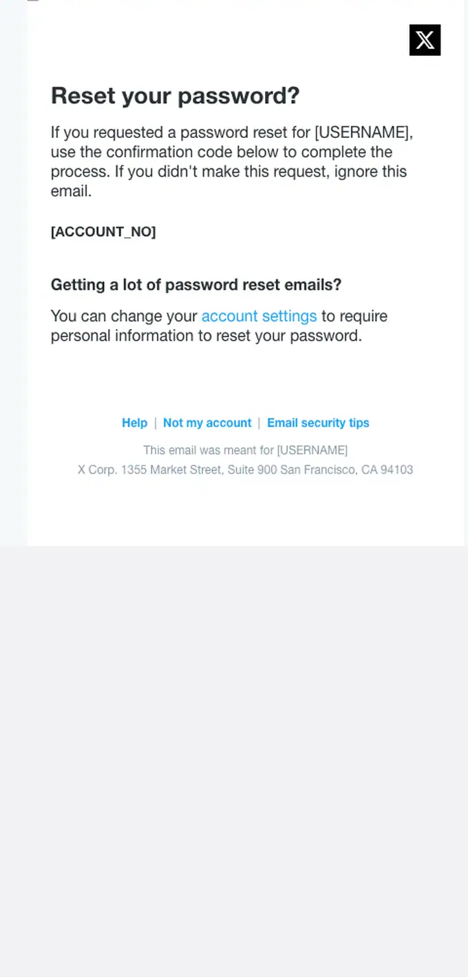 X Corp. password reset email, full length