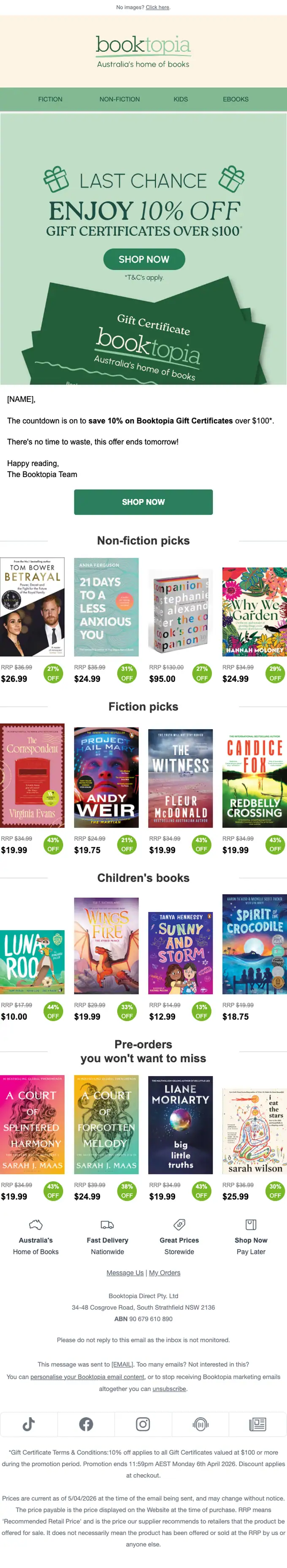 Booktopia promotional email, full length