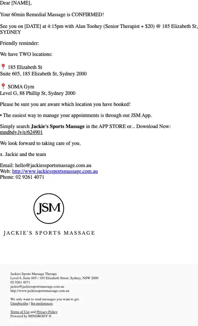 Jackie's Sports Massage appointment email, full length