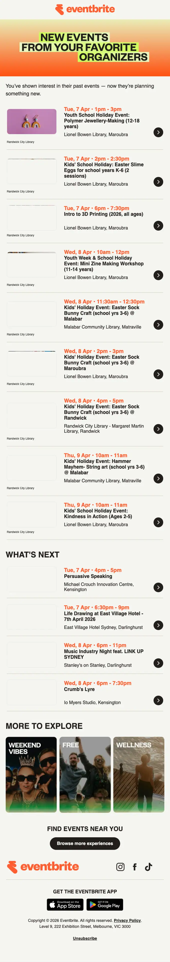 Eventbrite digest email, full length