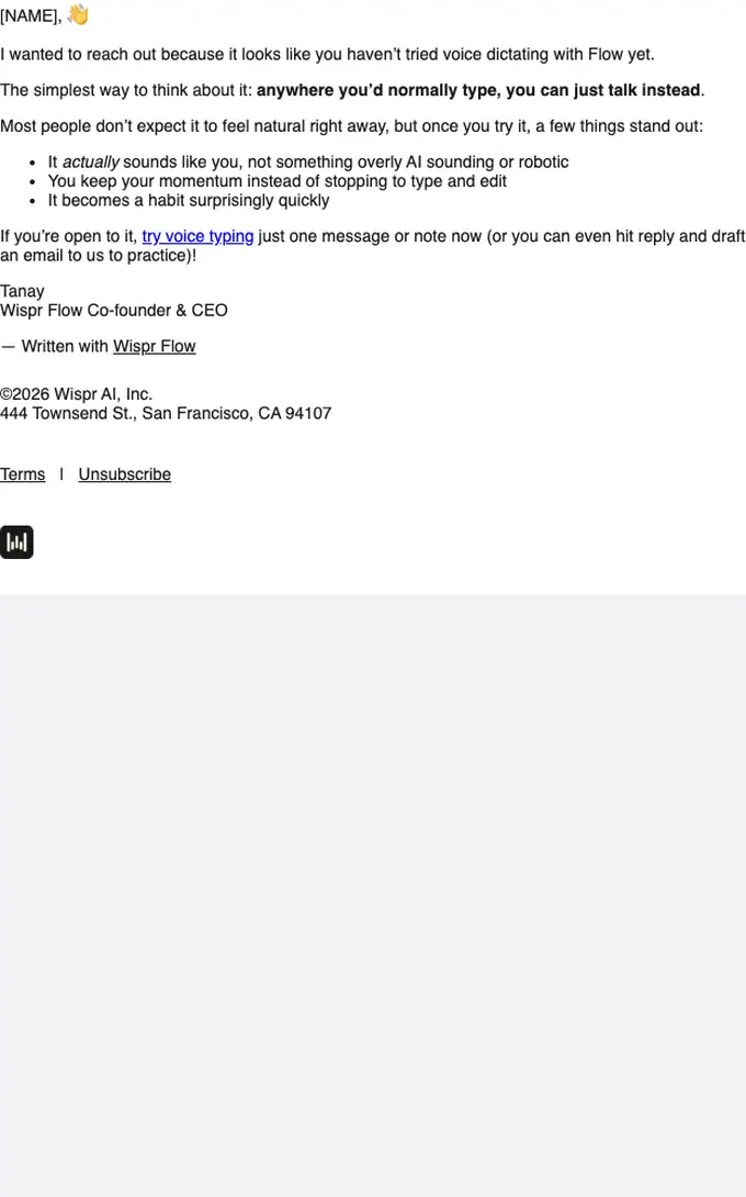 Wispr re engagement email, full length