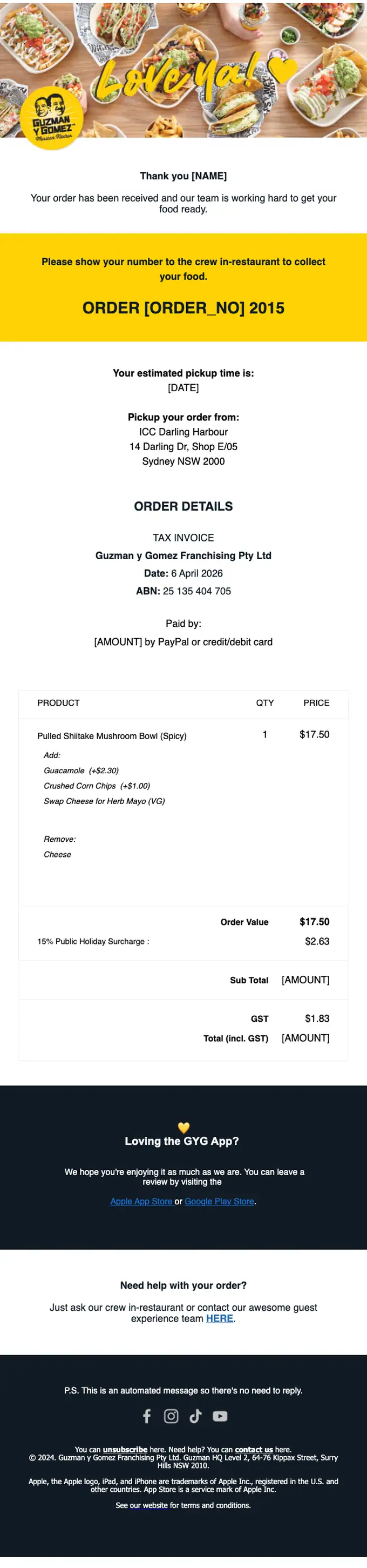 Guzman y Gomez order confirmation email, full length