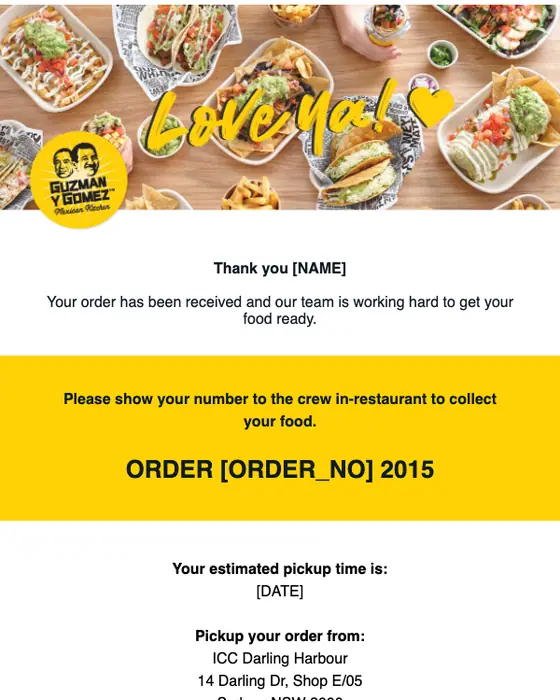 Guzman y Gomez order confirmation email