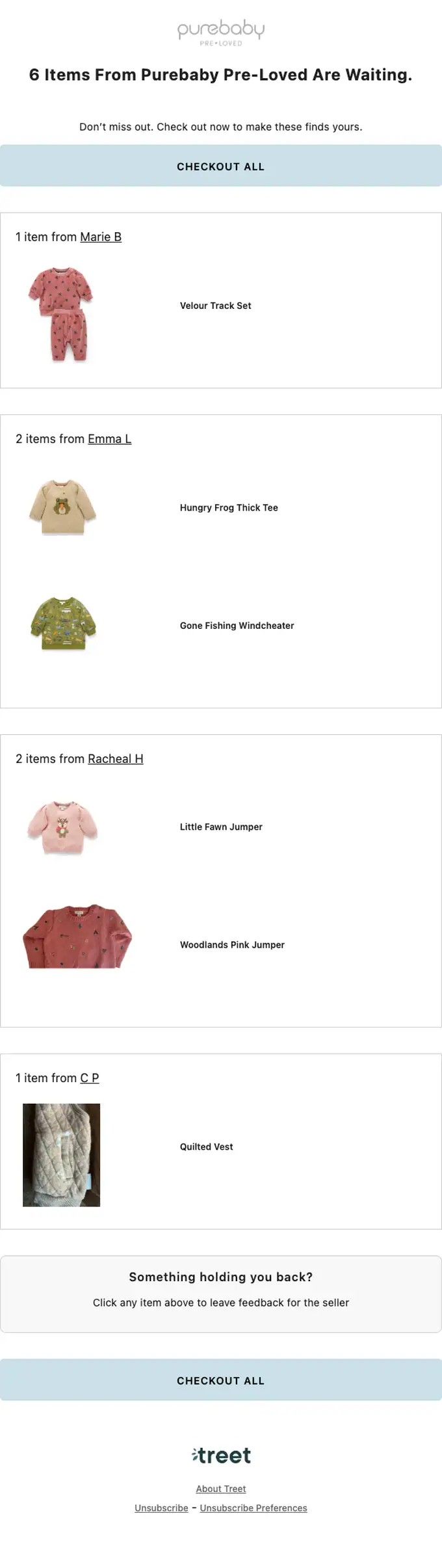 Purebaby Pre-Loved abandoned cart email, full length