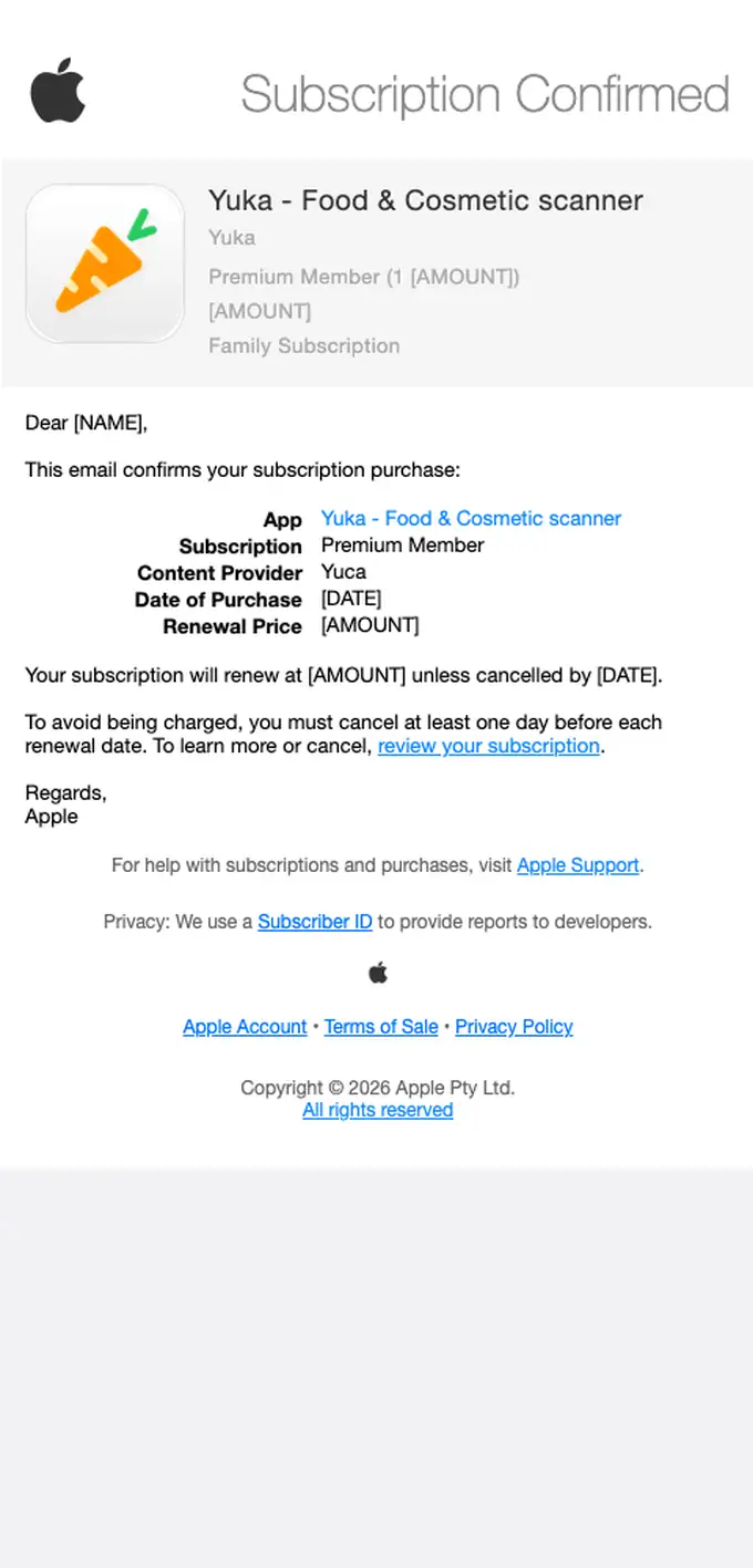 Apple subscription email, full length