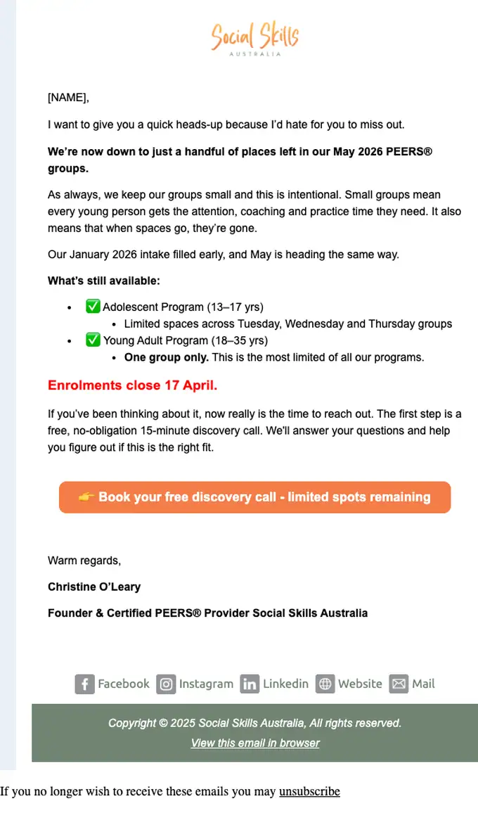 Social Skills Australia promotional email, full length