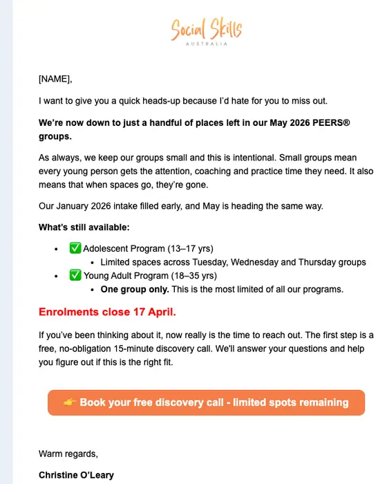 Social Skills Australia promotional email