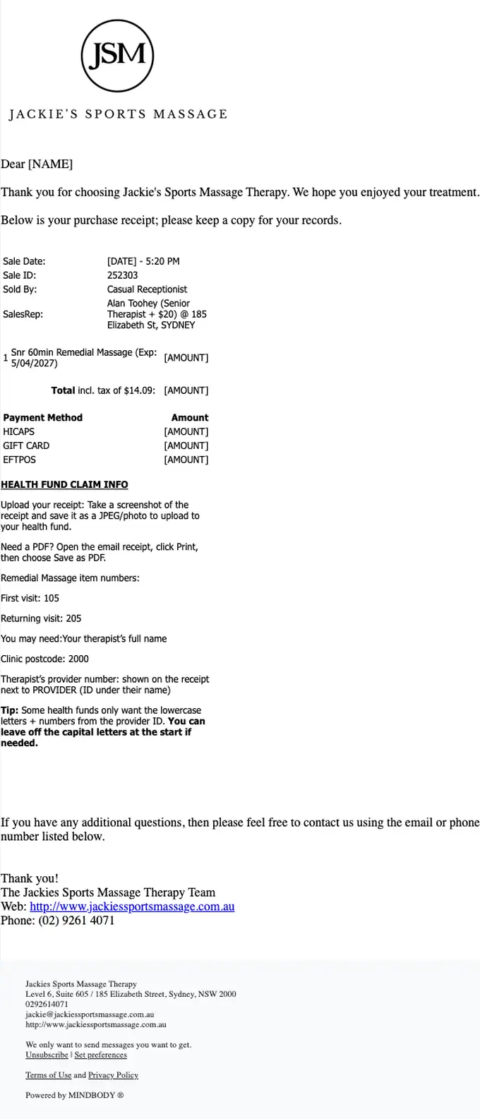 Jackie's Sports Massage Therapy receipt email, full length