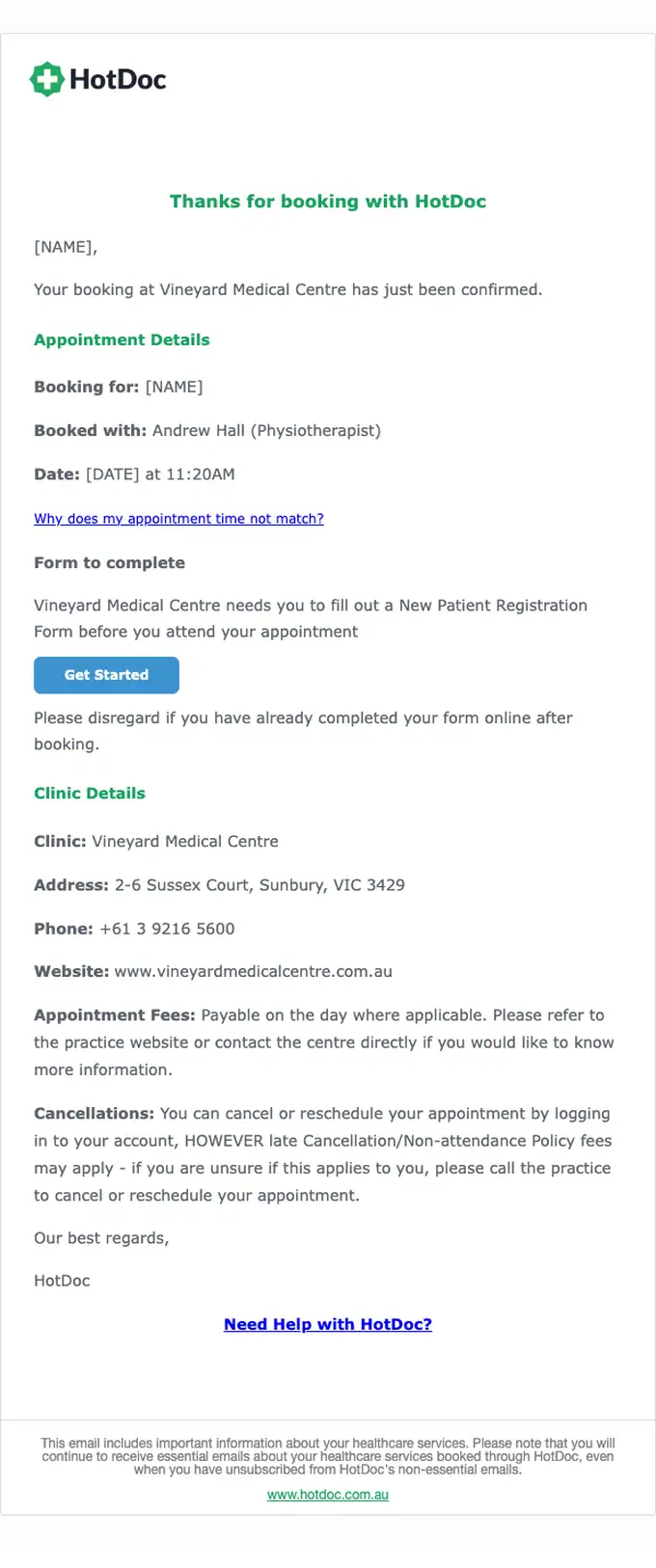 HotDoc appointment email, full length