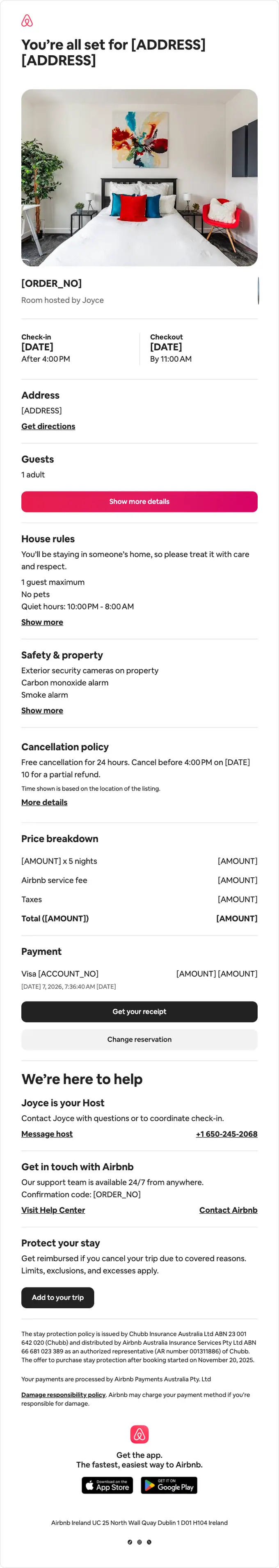 Airbnb receipt email, full length