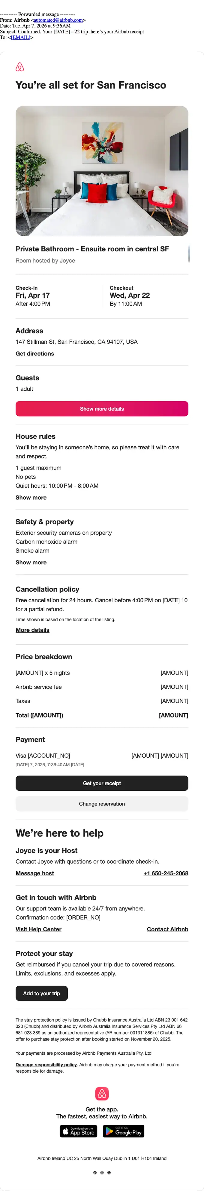 Airbnb receipt email, full length