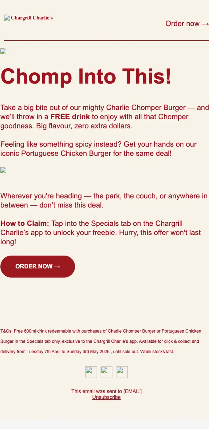 Chargrill Charlie's promotional email, full length