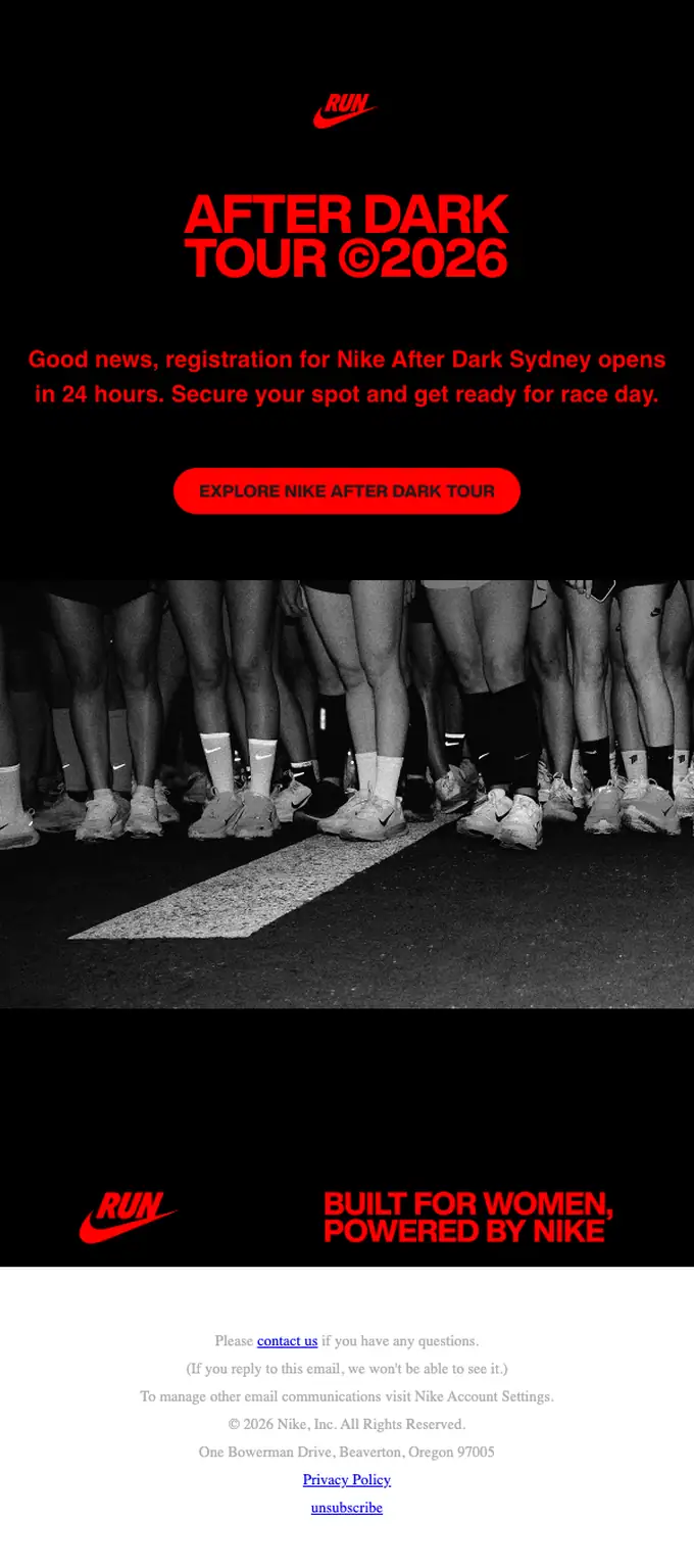Nike After Dark Tour event invite email, full length