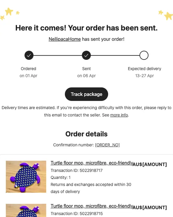 Etsy shipping email