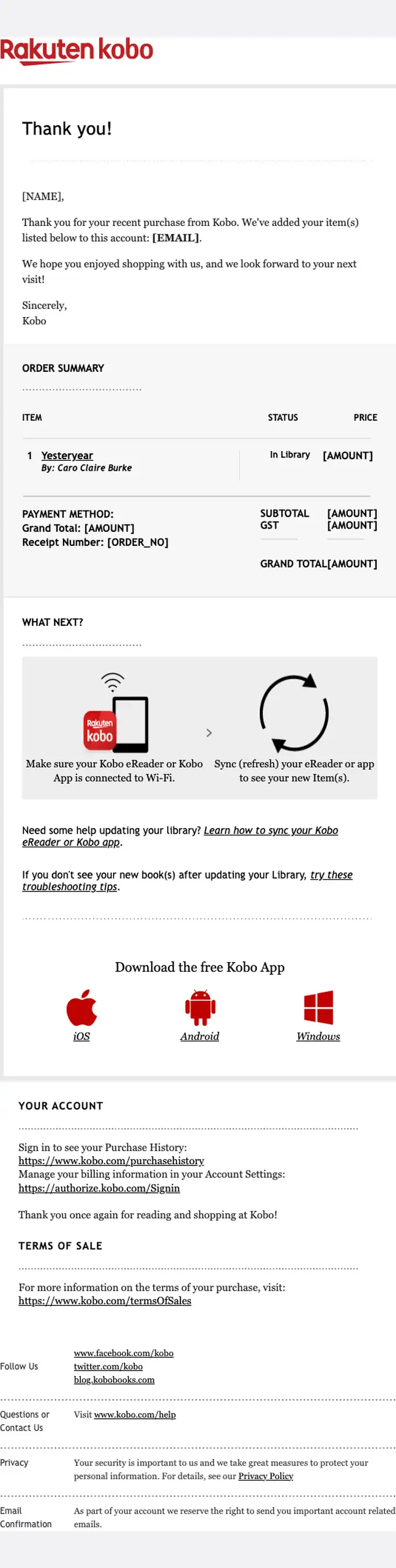 Kobo receipt email, full length