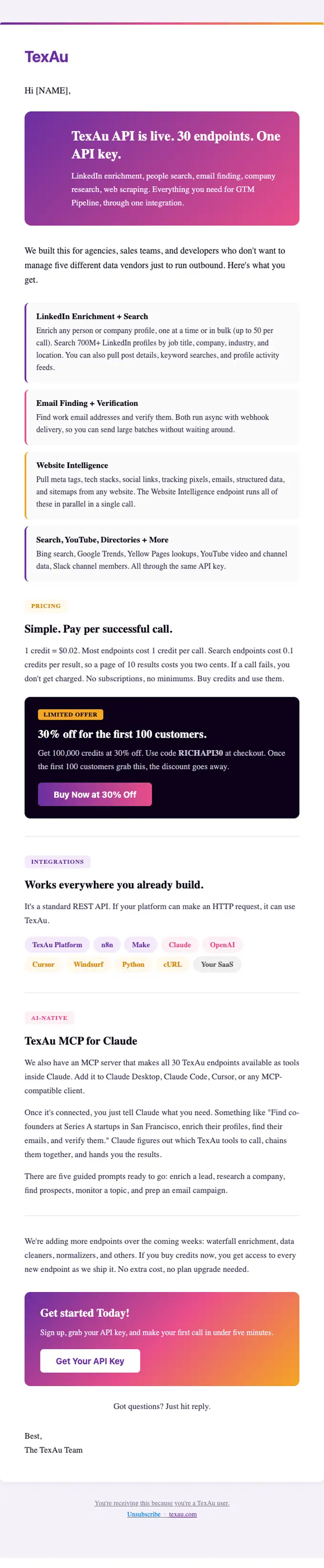 TexAu product launch email, full length