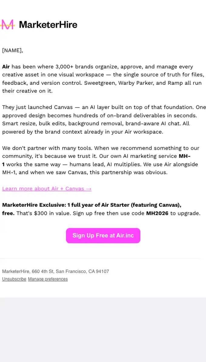 MarketerHire promotional email, full length