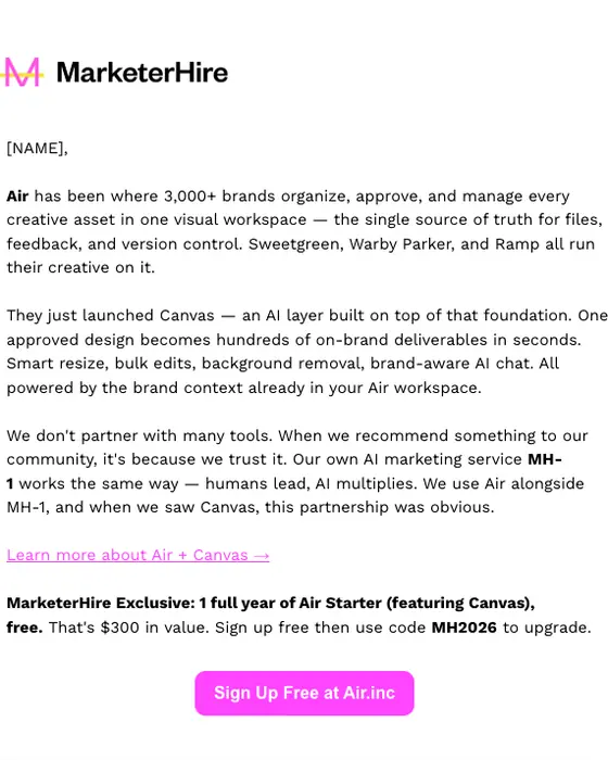 MarketerHire promotional email