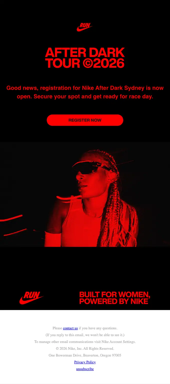 Nike After Dark Tour event invite email, full length