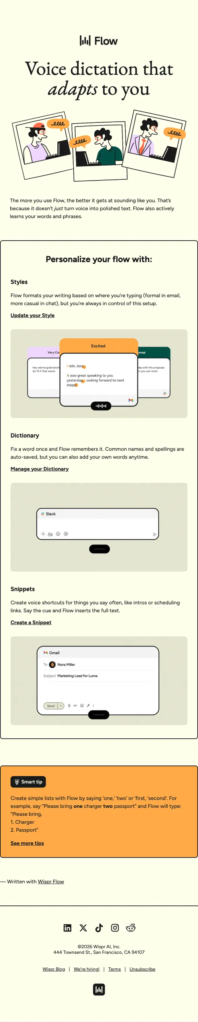 Wispr Flow promotional email, full length