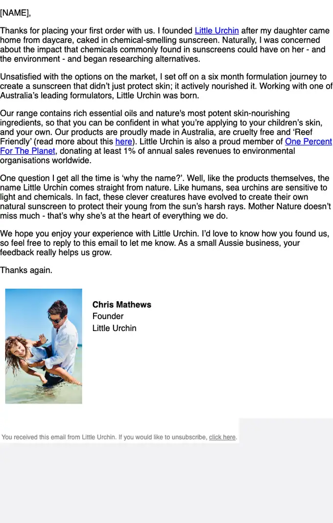 Little Urchin thank you email, full length