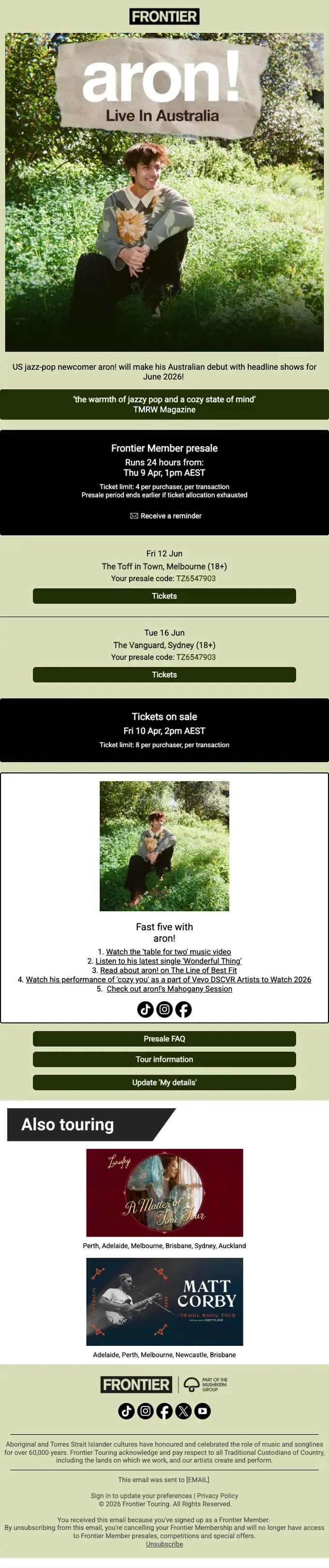 Frontier Touring promotional email, full length