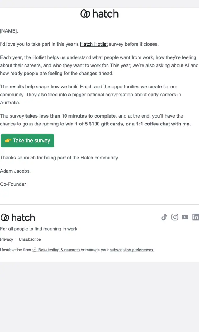 Hatch survey email, full length