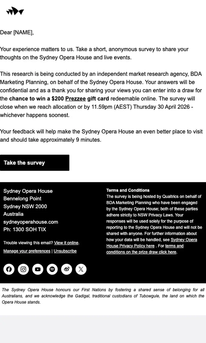 Sydney Opera House survey email, full length