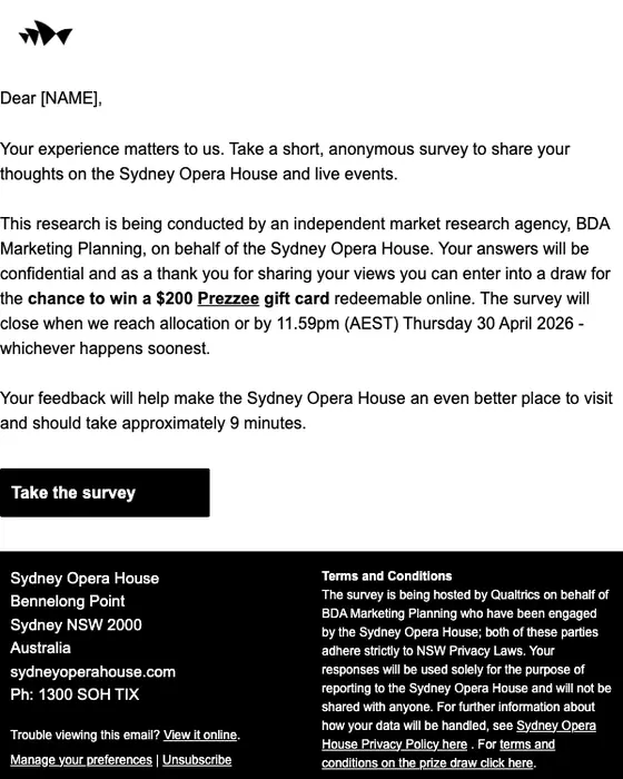 Sydney Opera House survey email