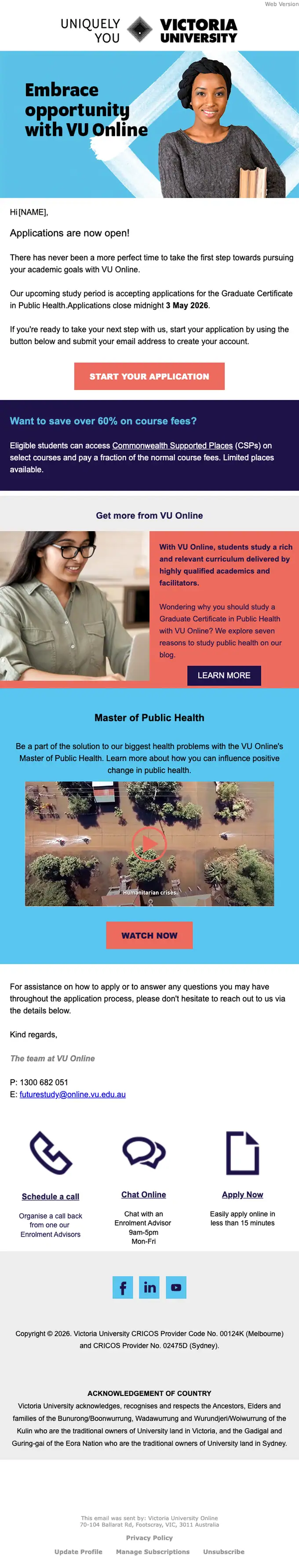 Victoria University Online promotional email, full length