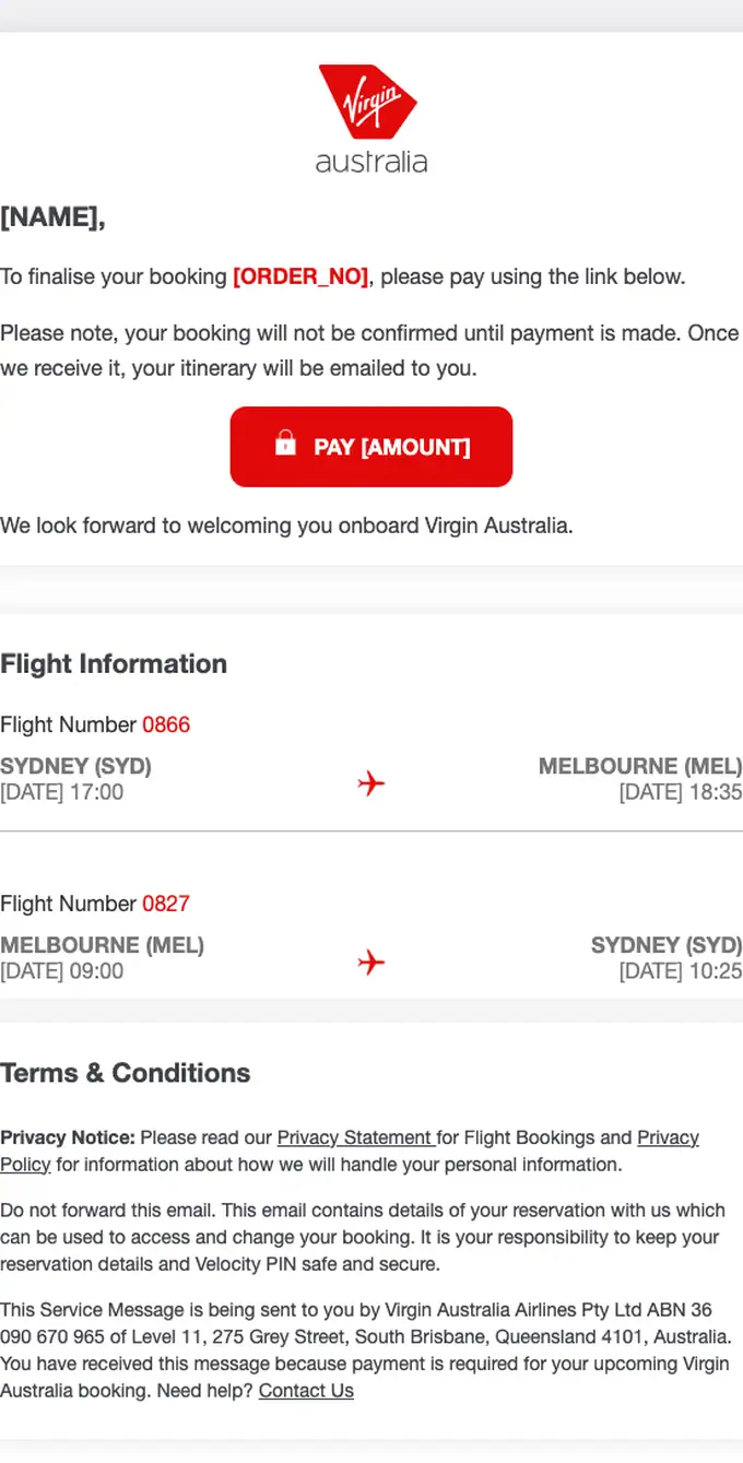 Virgin Australia order reminder email, full length
