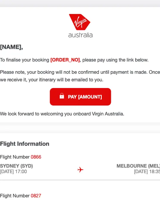 Virgin Australia order reminder email