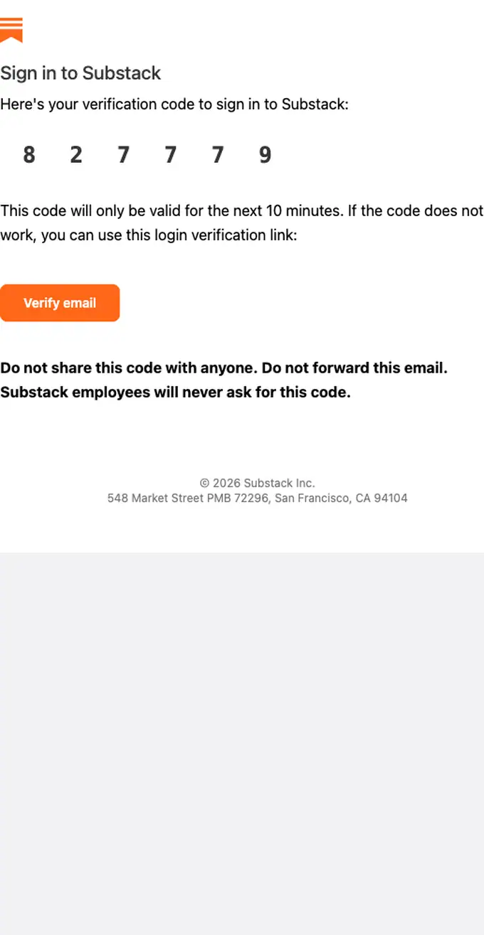 Substack otp email, full length