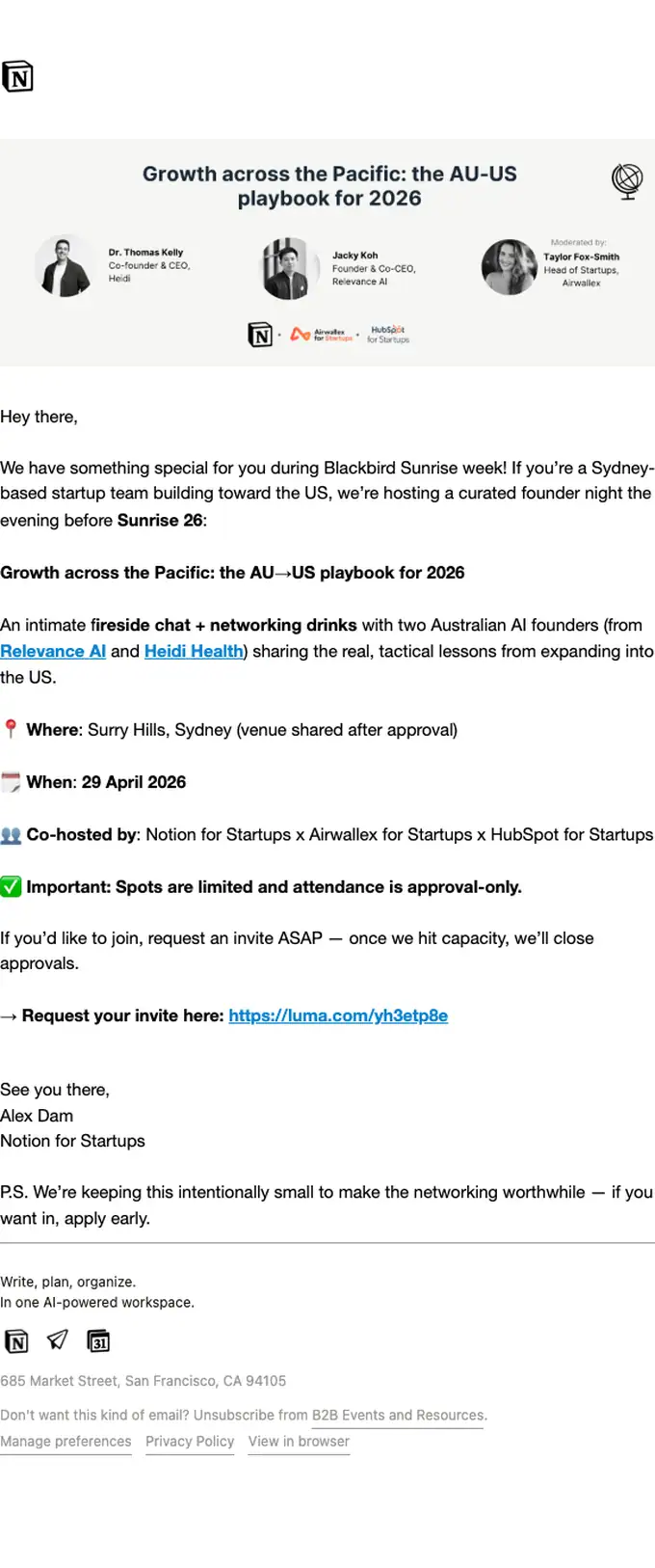 Notion event invite email, full length