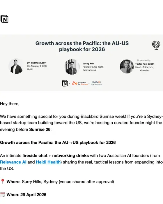 Notion event invitation email: Exclusive Event: AU→US scaling fireside with Heidi & Relevance AI Founders
