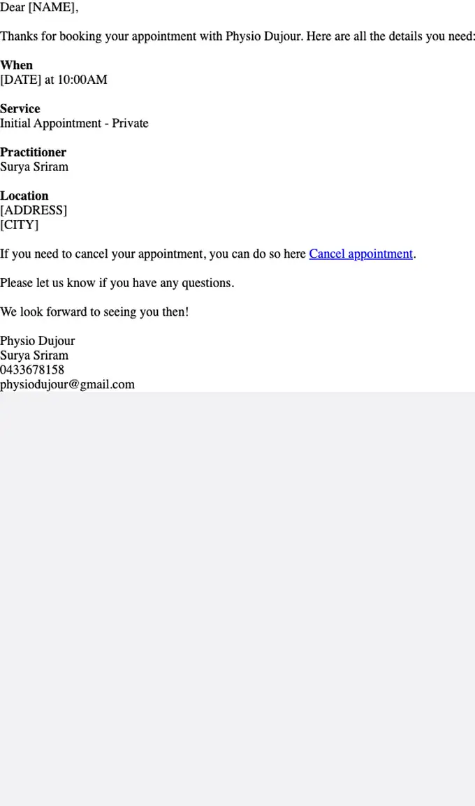 Physio Dujour appointment email, full length