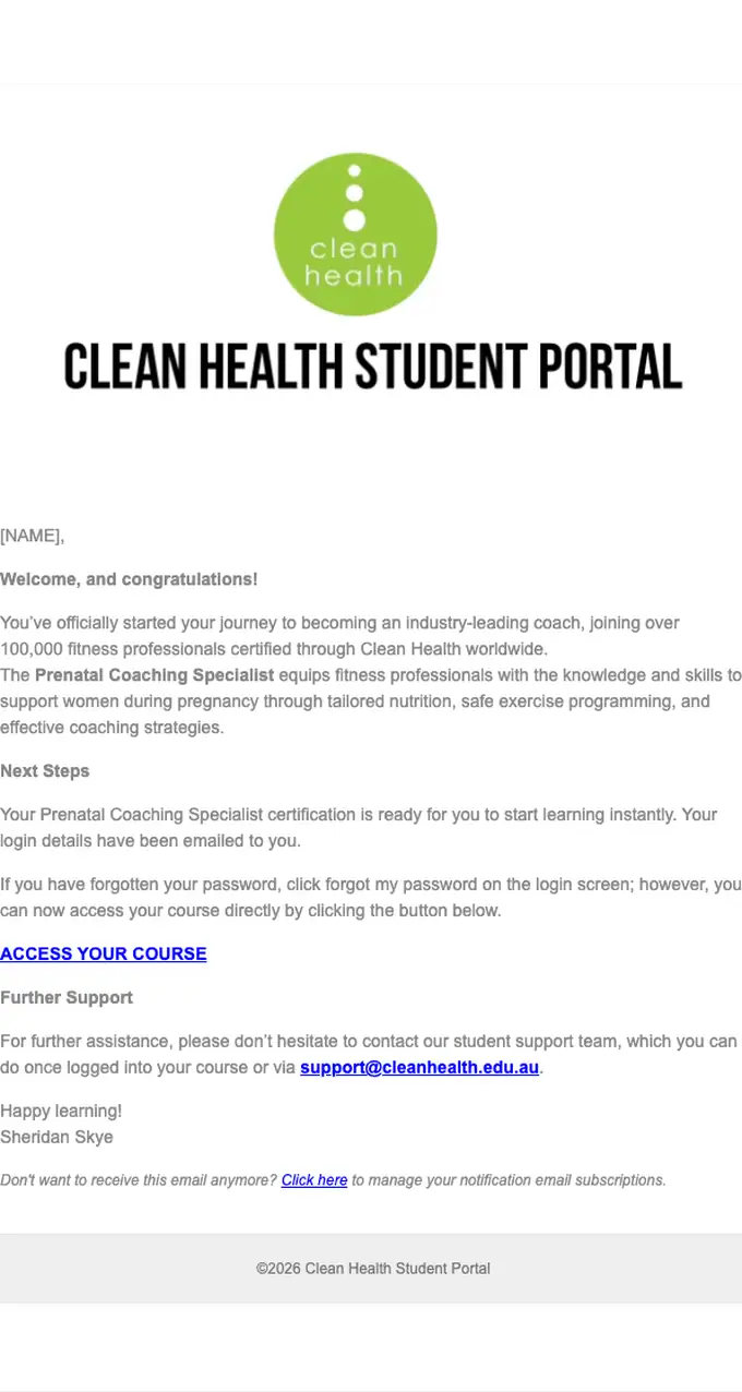 Clean Health welcome email, full length