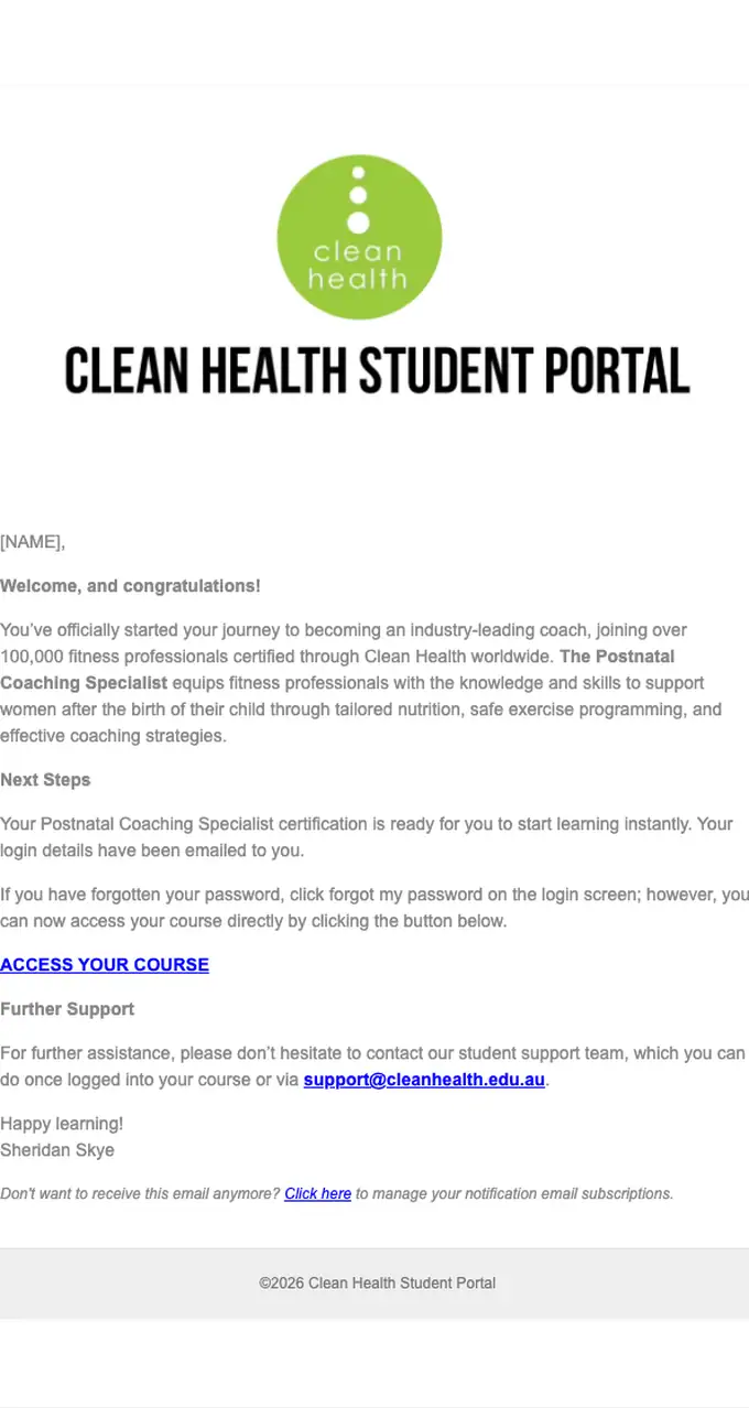 Clean Health welcome email, full length