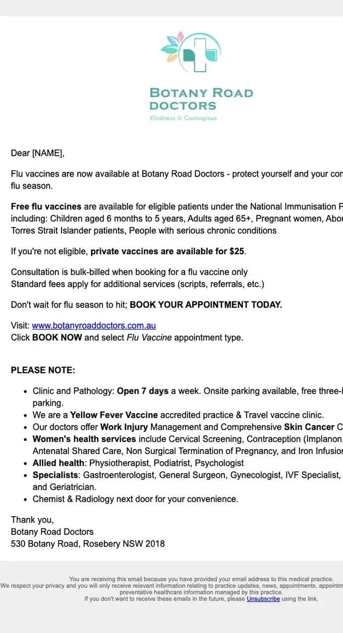 Botany Road Doctors account notice email, full length