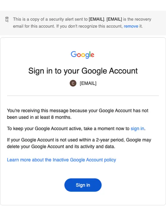 Google security alert email: Sign in to your Google Account