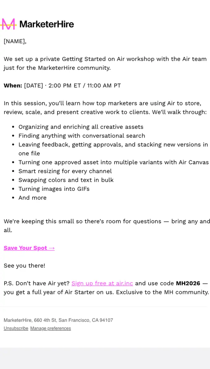 MarketerHire event invite email, full length