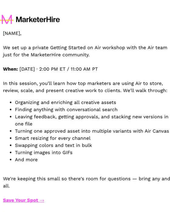MarketerHire event invite email