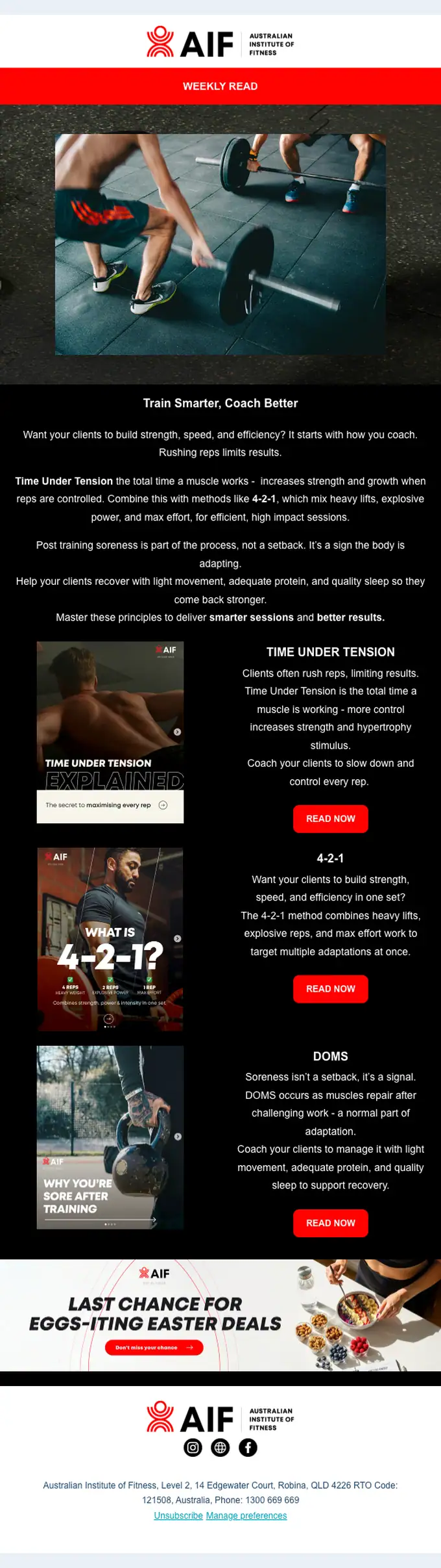 Australian Institute of Fitness newsletter email, full length