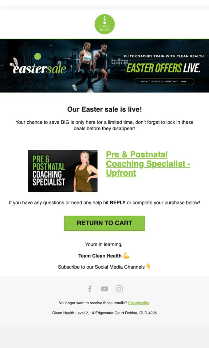 Clean Health abandoned cart email, full length