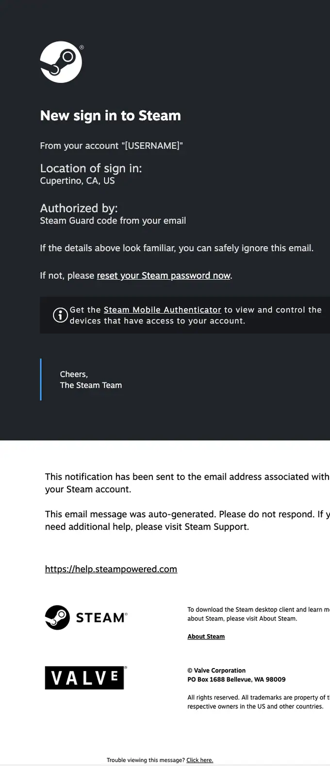 Steam Team security alert email, full length