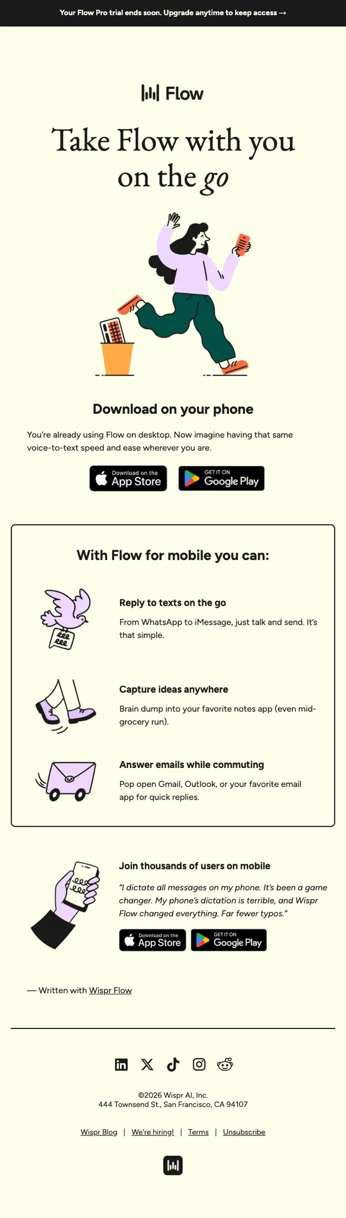 Wispr Flow promotional email, full length