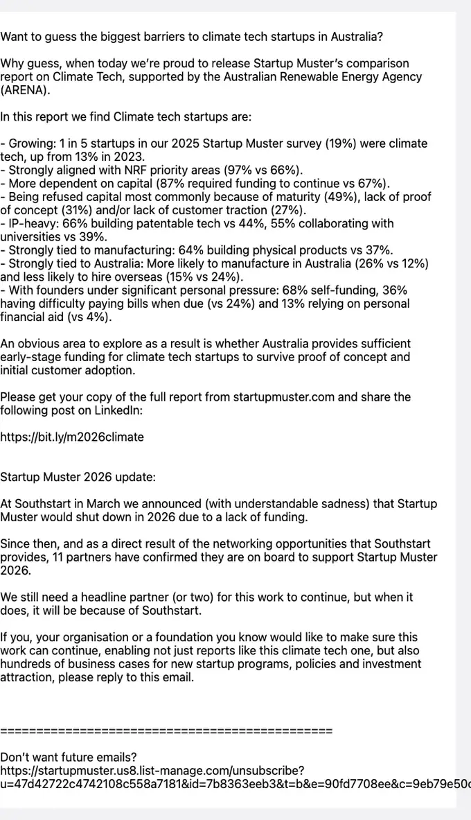 Startup Muster newsletter email, full length