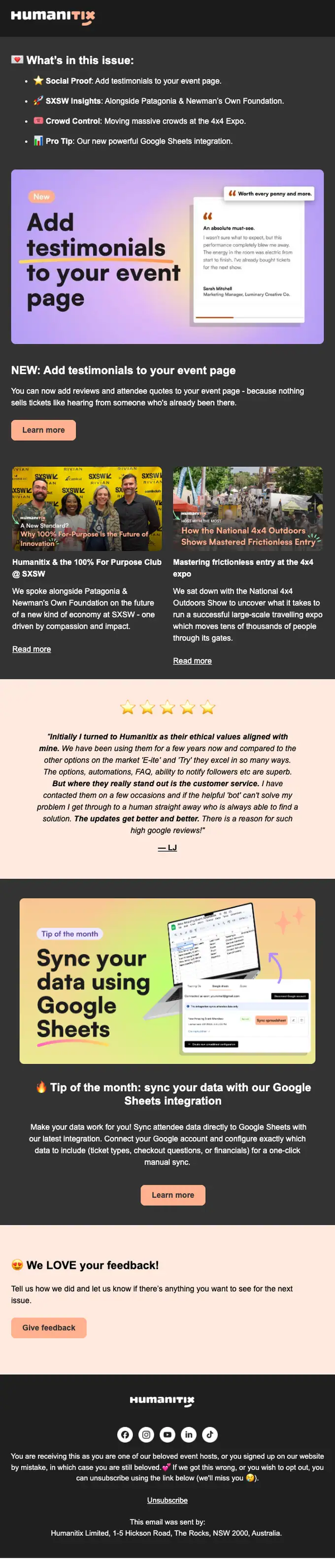 Humanitix newsletter email, full length